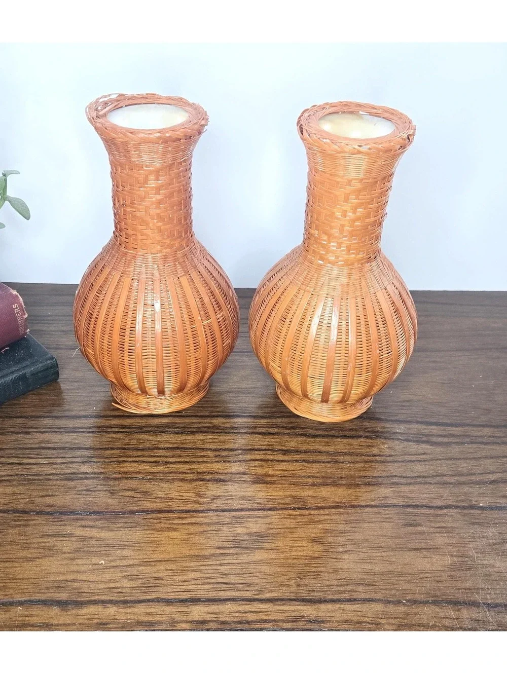 Vintage Bamboo Wrapped Ceramic Boho Vases, Set of 2
